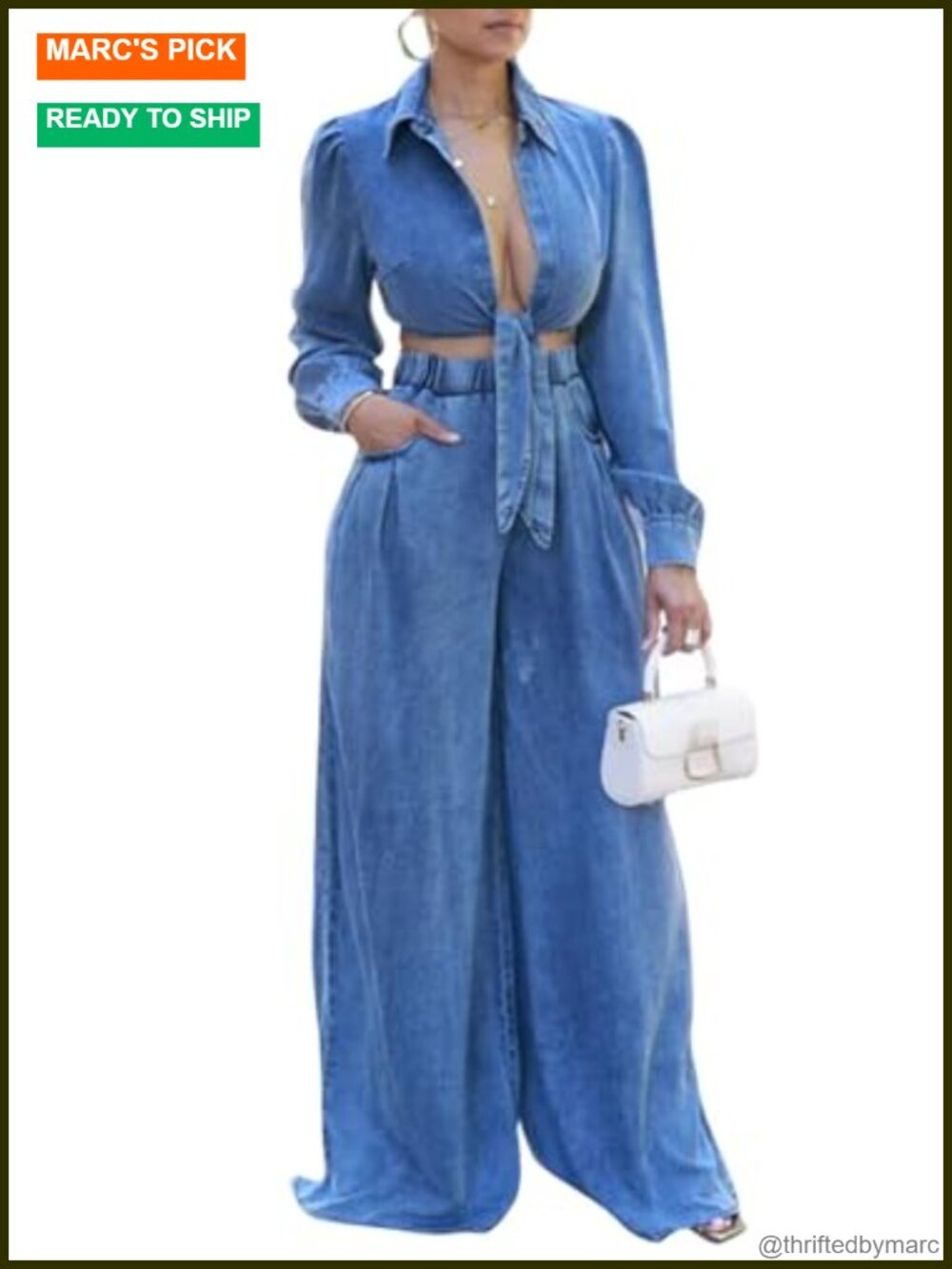 Women's Denim 2-Piece Outfit Set Long Sleeve V-Neck Crop Top Wide Leg Pants